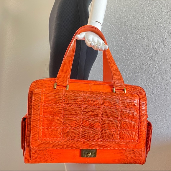 Jimmy Choo neon orange lizard quilted structured bag - Picture 5 of 15